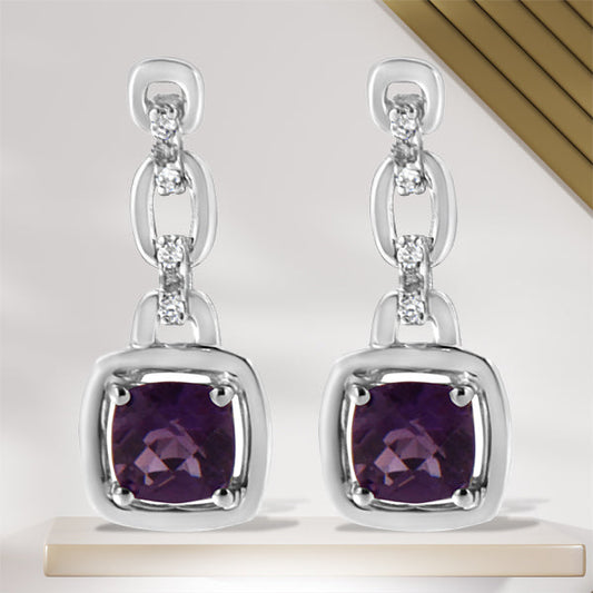 Sterling Silver Amethyst Drop Earrings with Diamond Accents 6x6mm cushion stones, Bids.com on Tampa Home & Garden Store