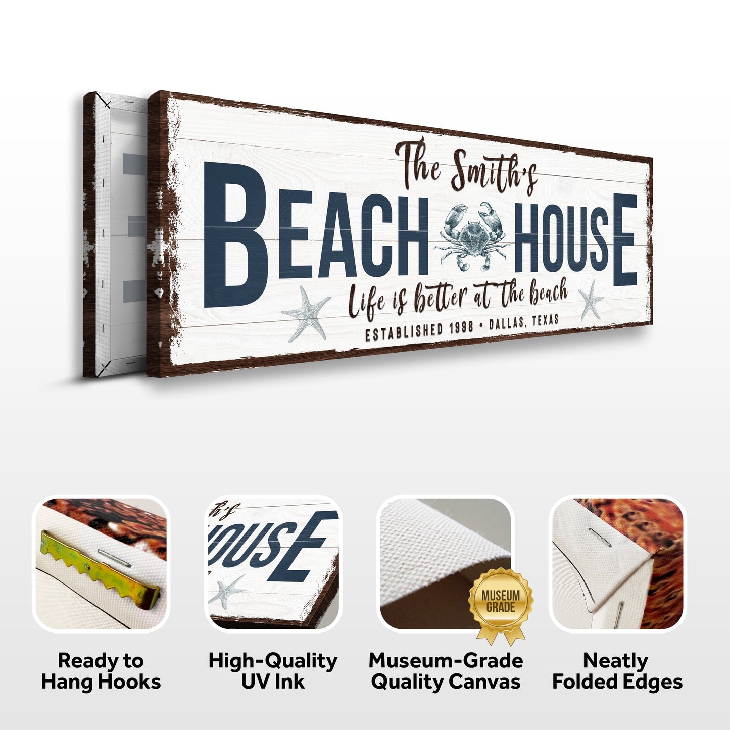 Personalized Beach House Sign canvas by Tailored Canvases with white wood and crab motif on Tampa Home & Garden Store