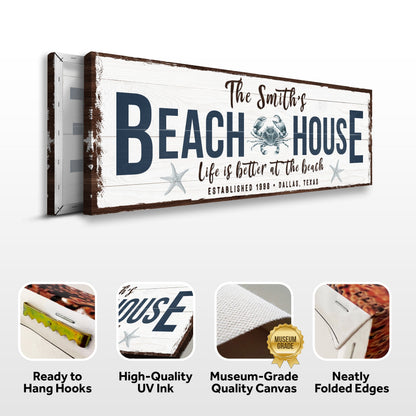 Personalized Beach House Sign canvas by Tailored Canvases with white wood and crab motif on Tampa Home & Garden Store