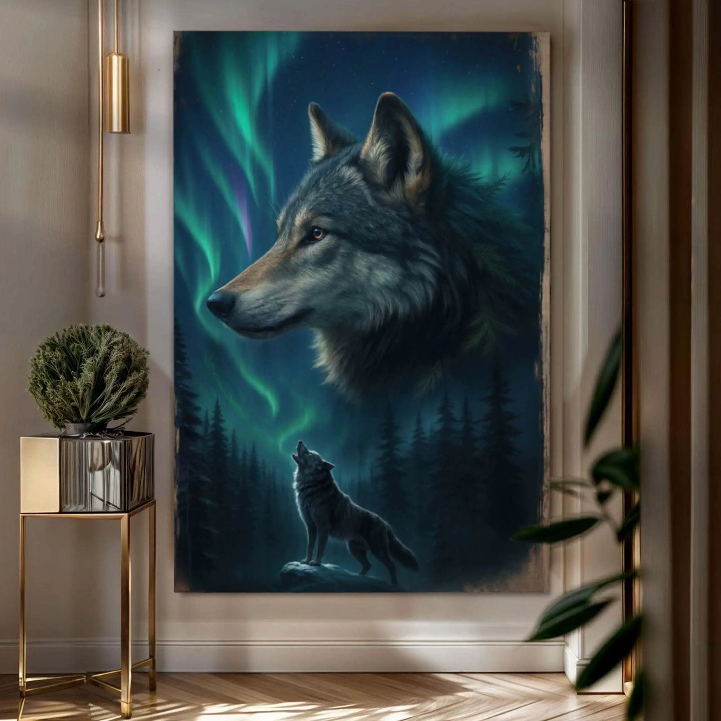 Wolf Double Exposure Wall Art IV canvas by Tailored Canvases with aurora-lit wolf portrait on Tampa Home & Garden Store