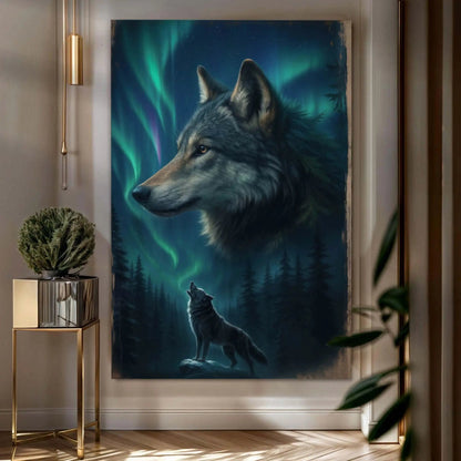 Wolf Double Exposure Wall Art IV canvas by Tailored Canvases with aurora-lit wolf portrait on Tampa Home & Garden Store