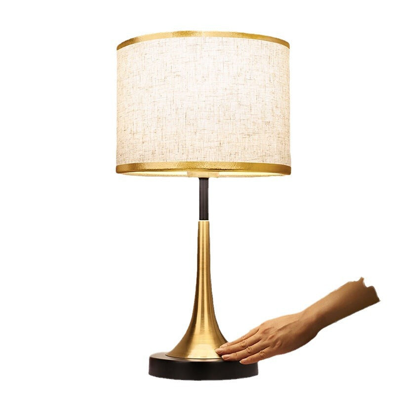 Stevvex table lamp with gold-tone base and beige fabric shade; touch-dimming modern desk light on Tampa Home & Garden Store