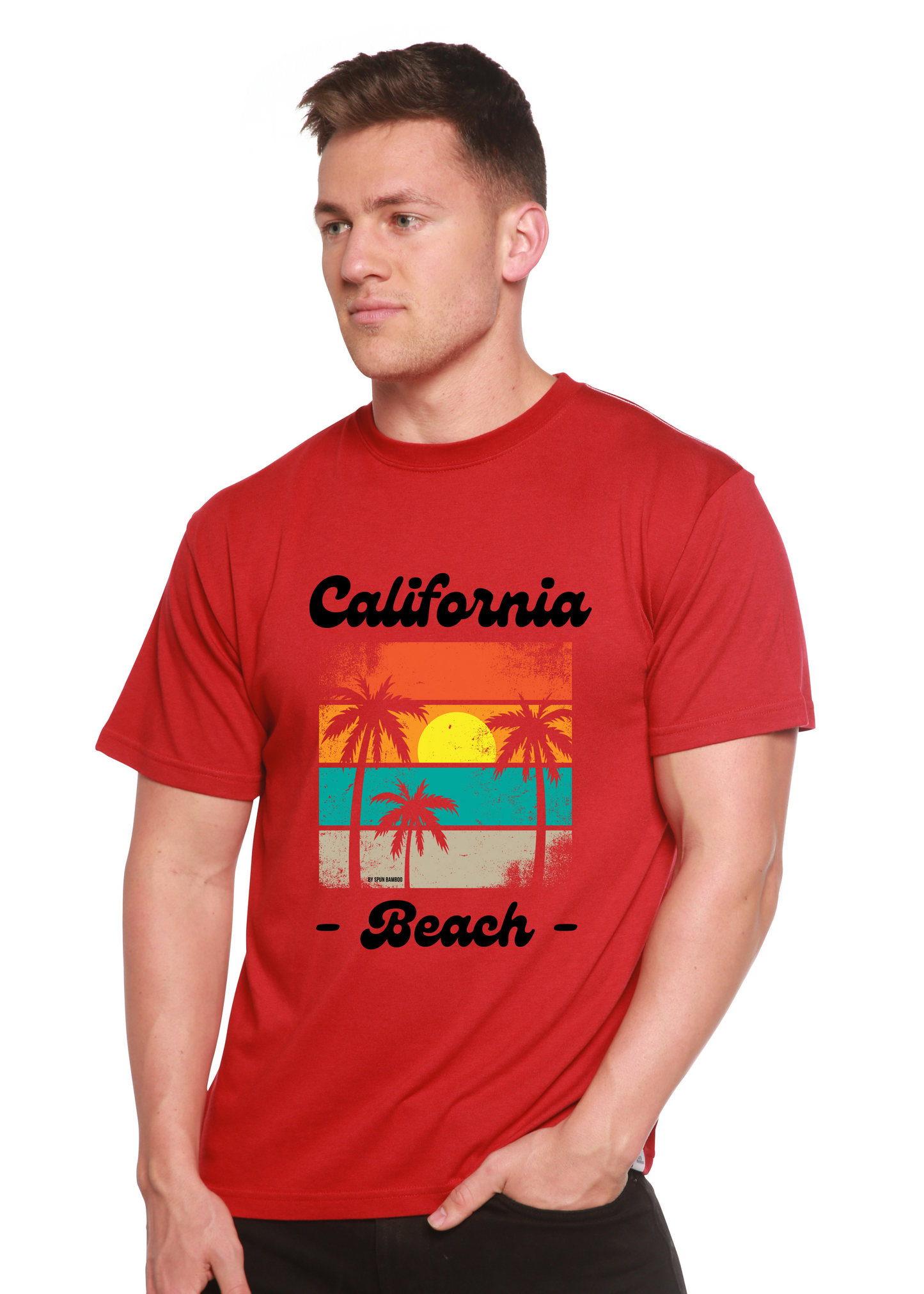 California Beach unisex bamboo graphic T-shirt by Spun Bamboo in red palm sunset print on Tampa Home & Garden Store
