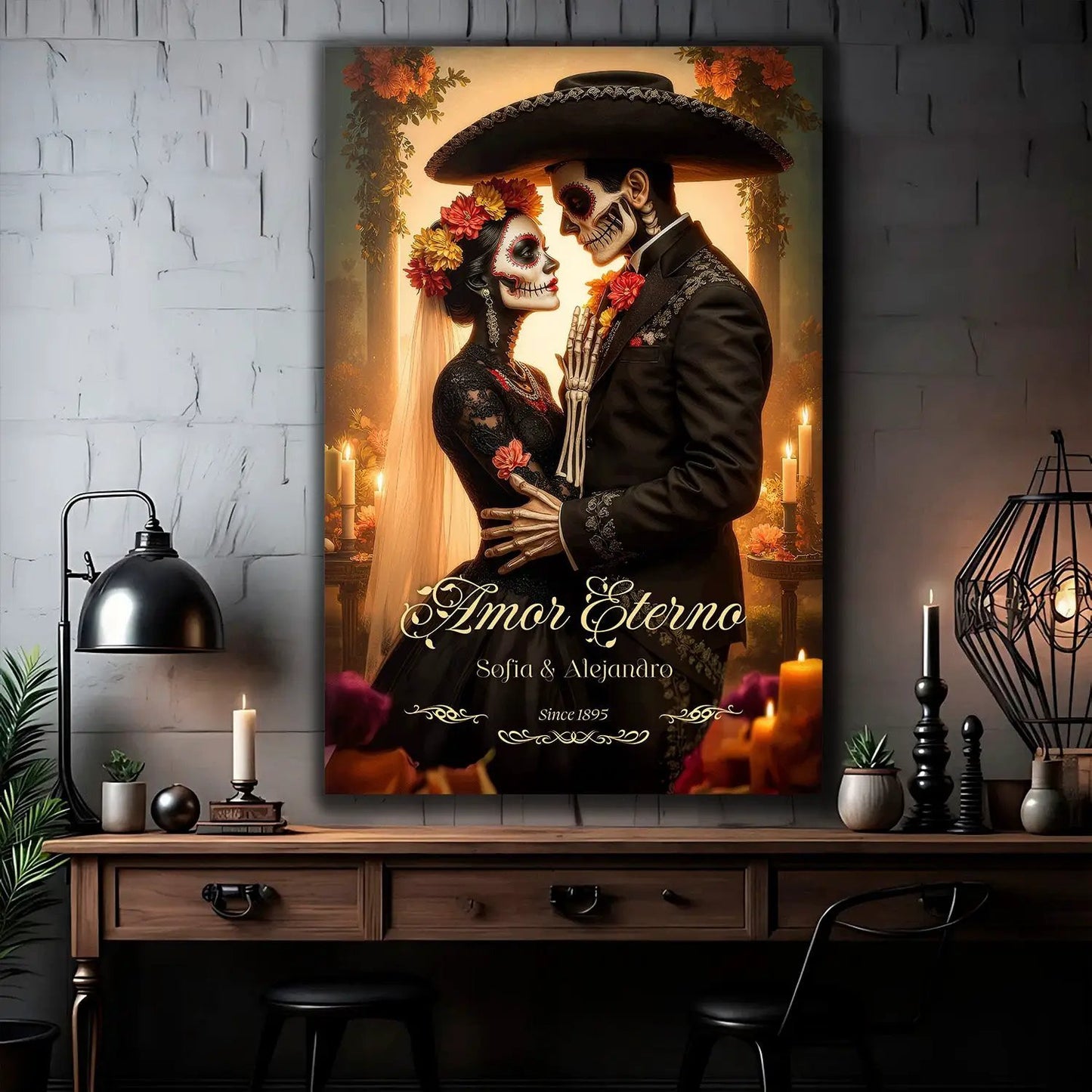 Personalized Eternal Love Halloween Sign canvas featuring Day of Dead couple in flower crowns on Tampa Home & Garden Store
