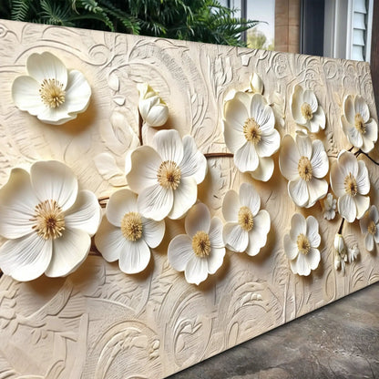 White Blossom Serenade wall art canvas with beige textured embossing and 3D floral relief on Tampa Home & Garden Store