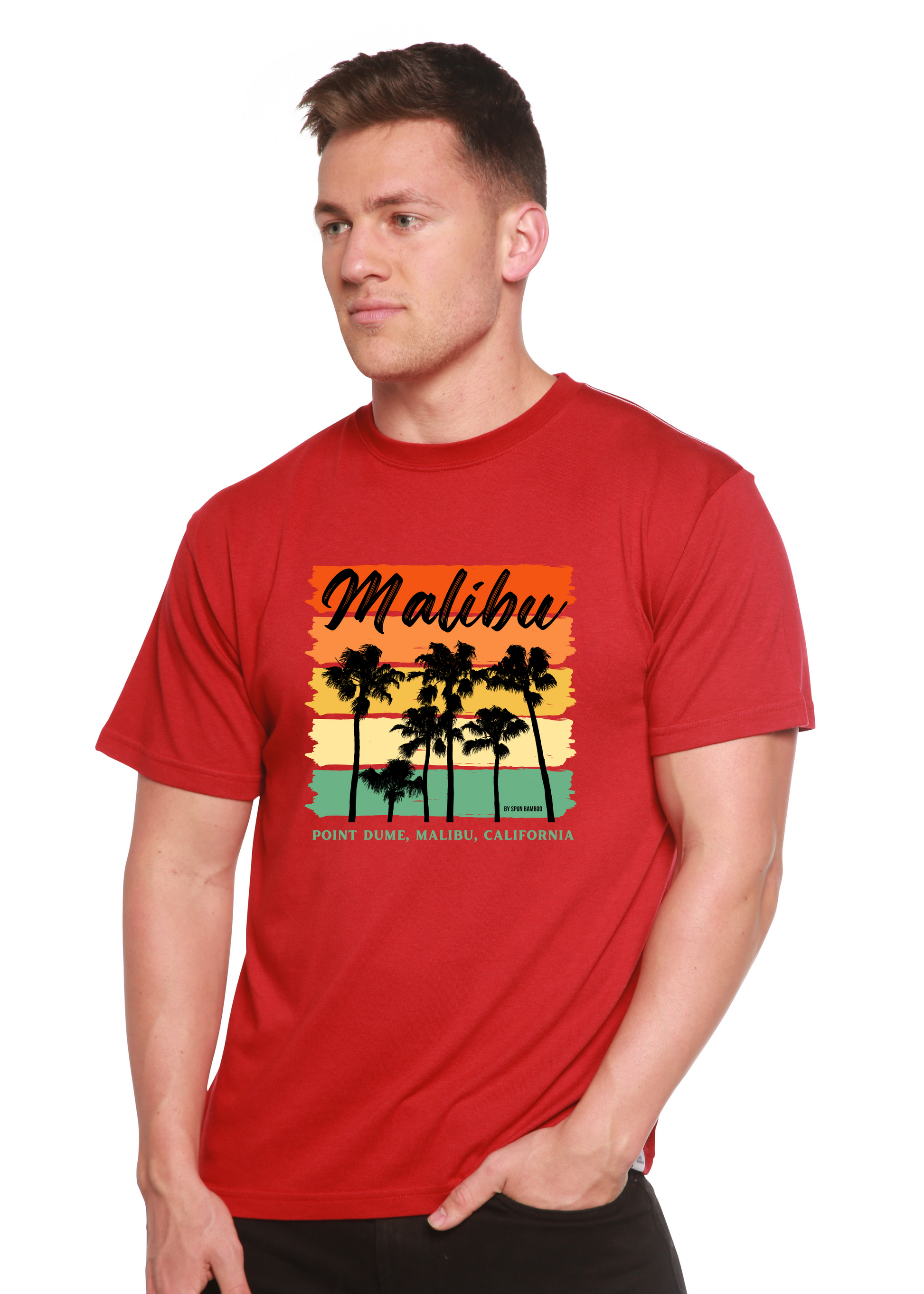Malibu unisex bamboo viscose/organic cotton graphic T-shirt in red with palm trees Spun Bamboo on Tampa Home & Garden Store