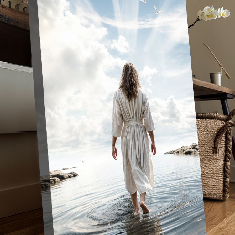 Reflections Faith Wall Art XVI canvas by Tailored Canvases, serene figure walking into calm sea on Tampa Home & Garden Store