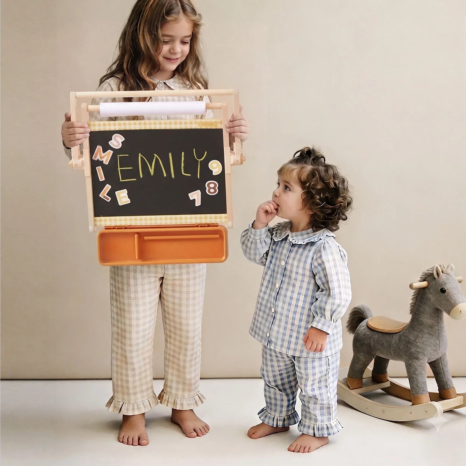 Tiny Land INC wooden double-sided magnetic tabletop easel with chalkboard and orange tray on Tampa Home & Garden Store