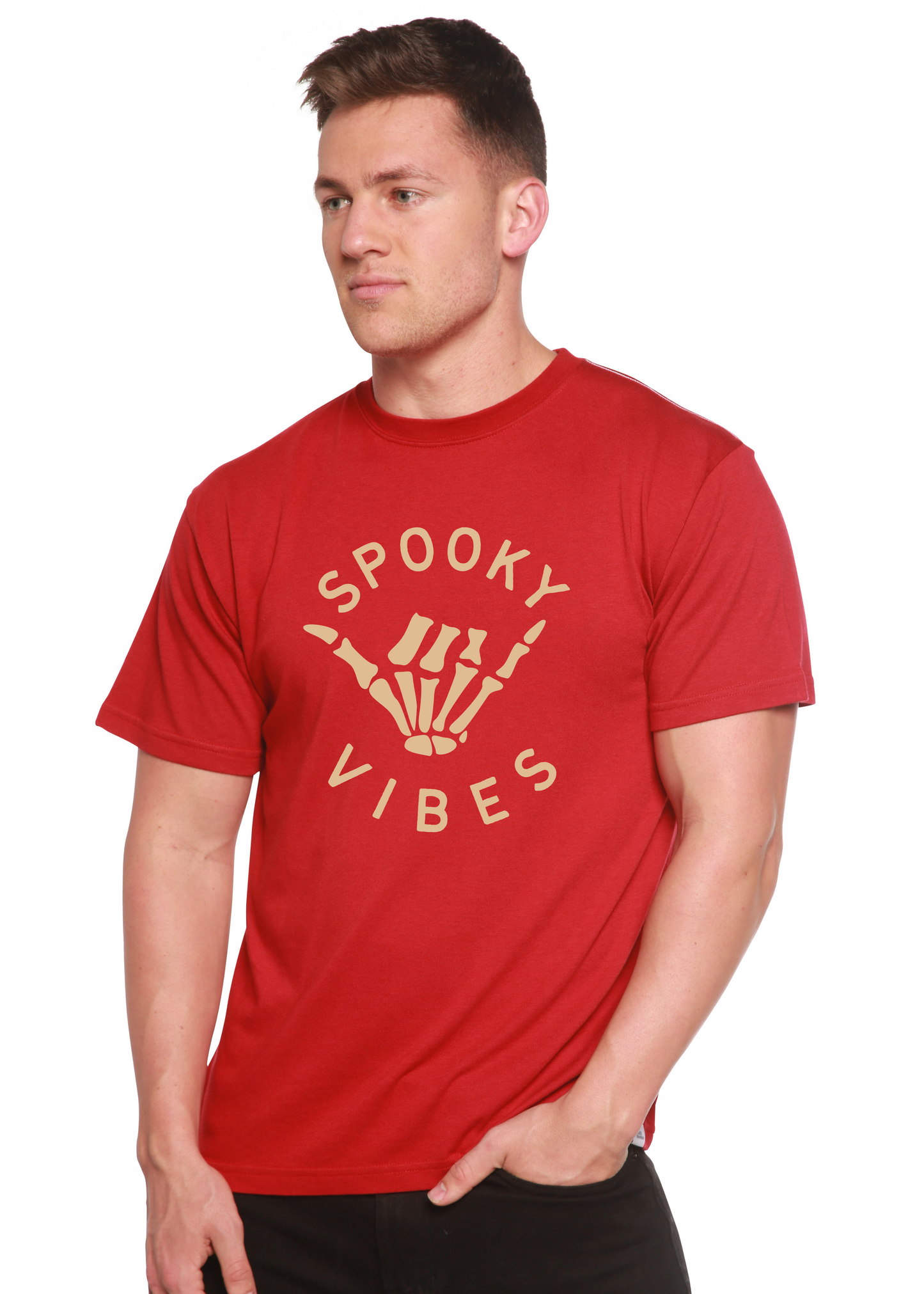 Spooky Vibes men's red T-shirt with beige skeleton graphic in bamboo viscose/organic cotton on Tampa Home & Garden Store