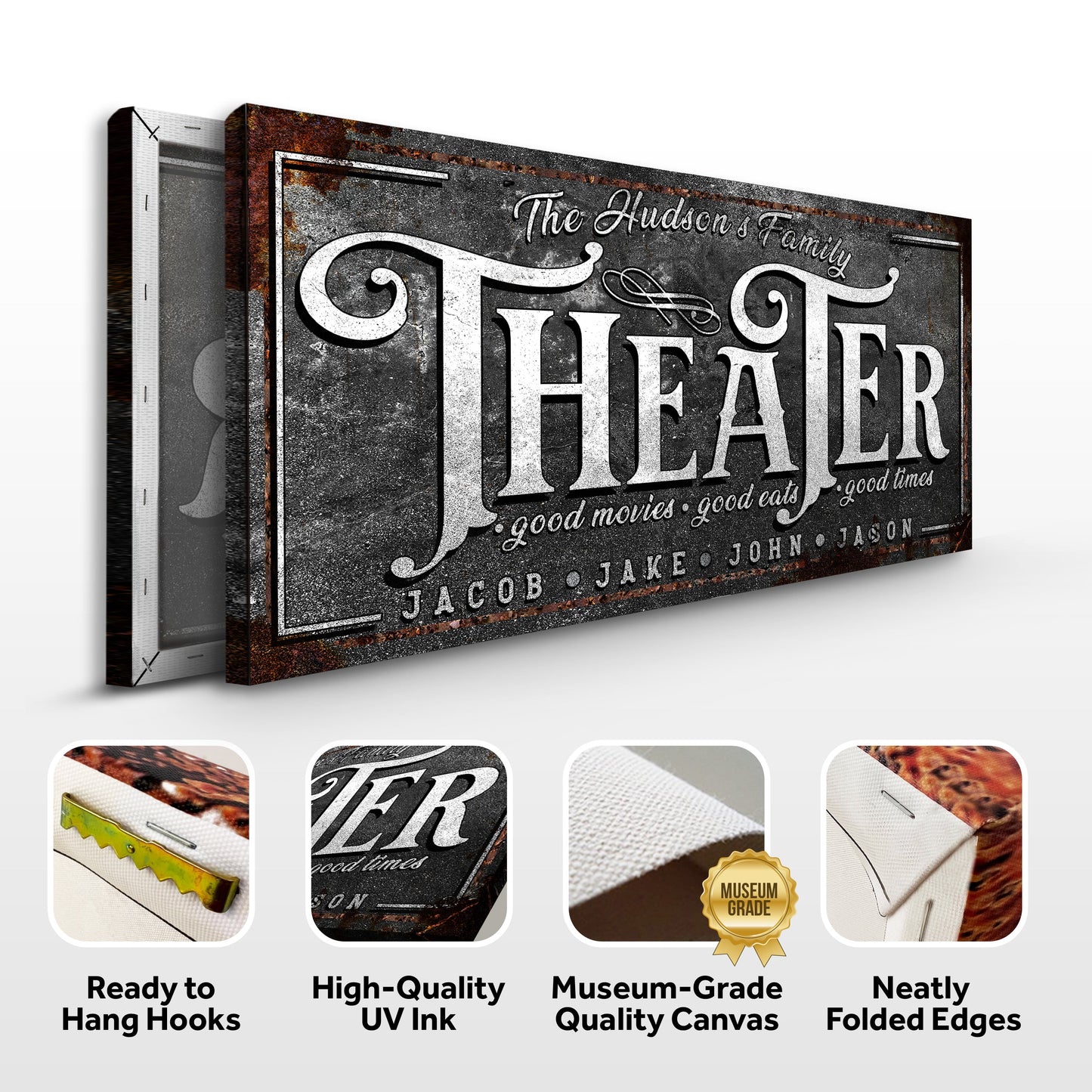 Theater Sign V canvas by Tailored Canvases with metal and THEATER lettering rust border on Tampa Home & Garden Store