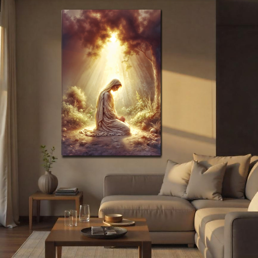 Mary Praying Faith Wall Art canvas by Tailored Canvases, kneeling Mary bathed in sunlit calm on Tampa Home & Garden Store