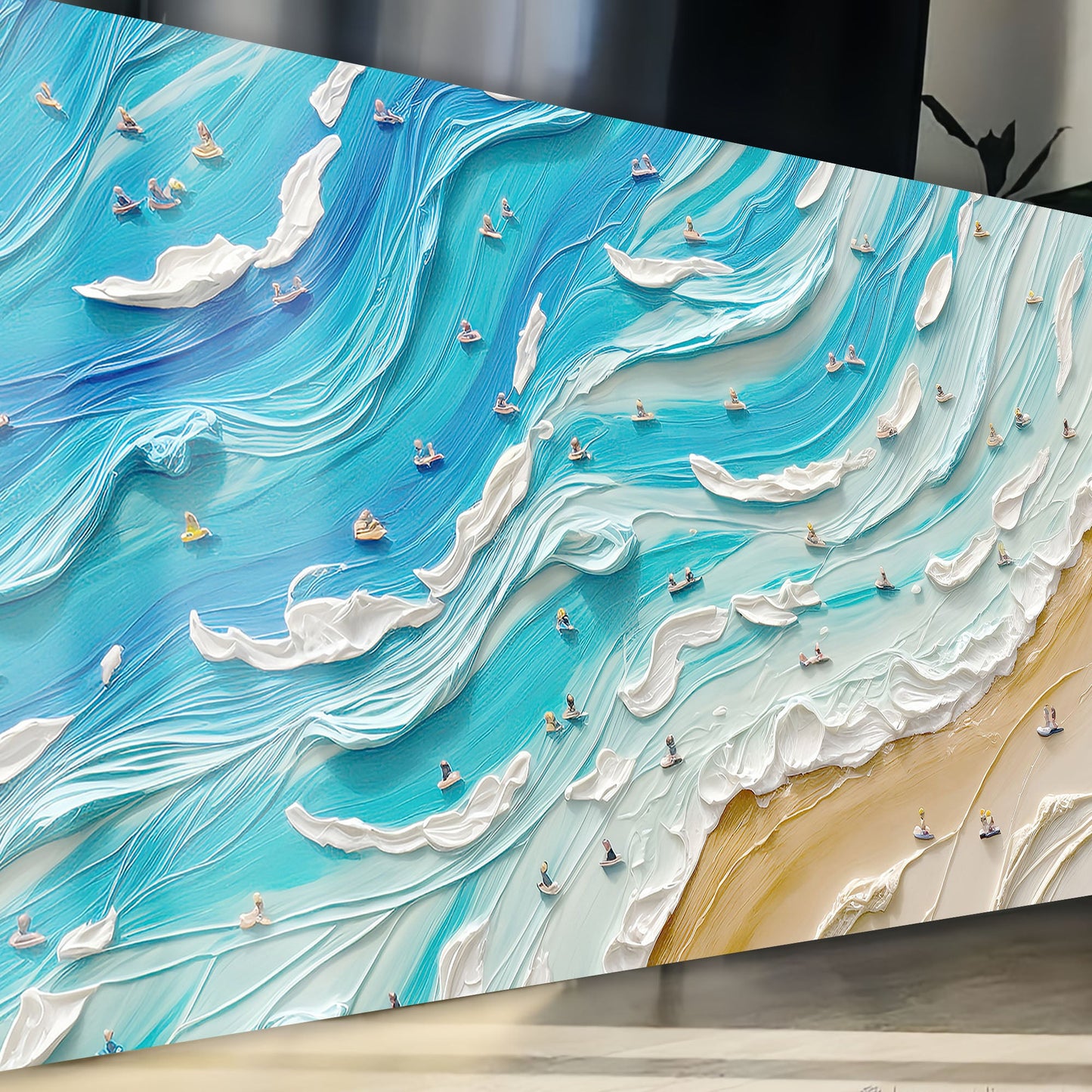 Beach Days Wall Art V canvas by Tailored Canvases, vivid blue ocean swirls with tiny boats on Tampa Home & Garden Store