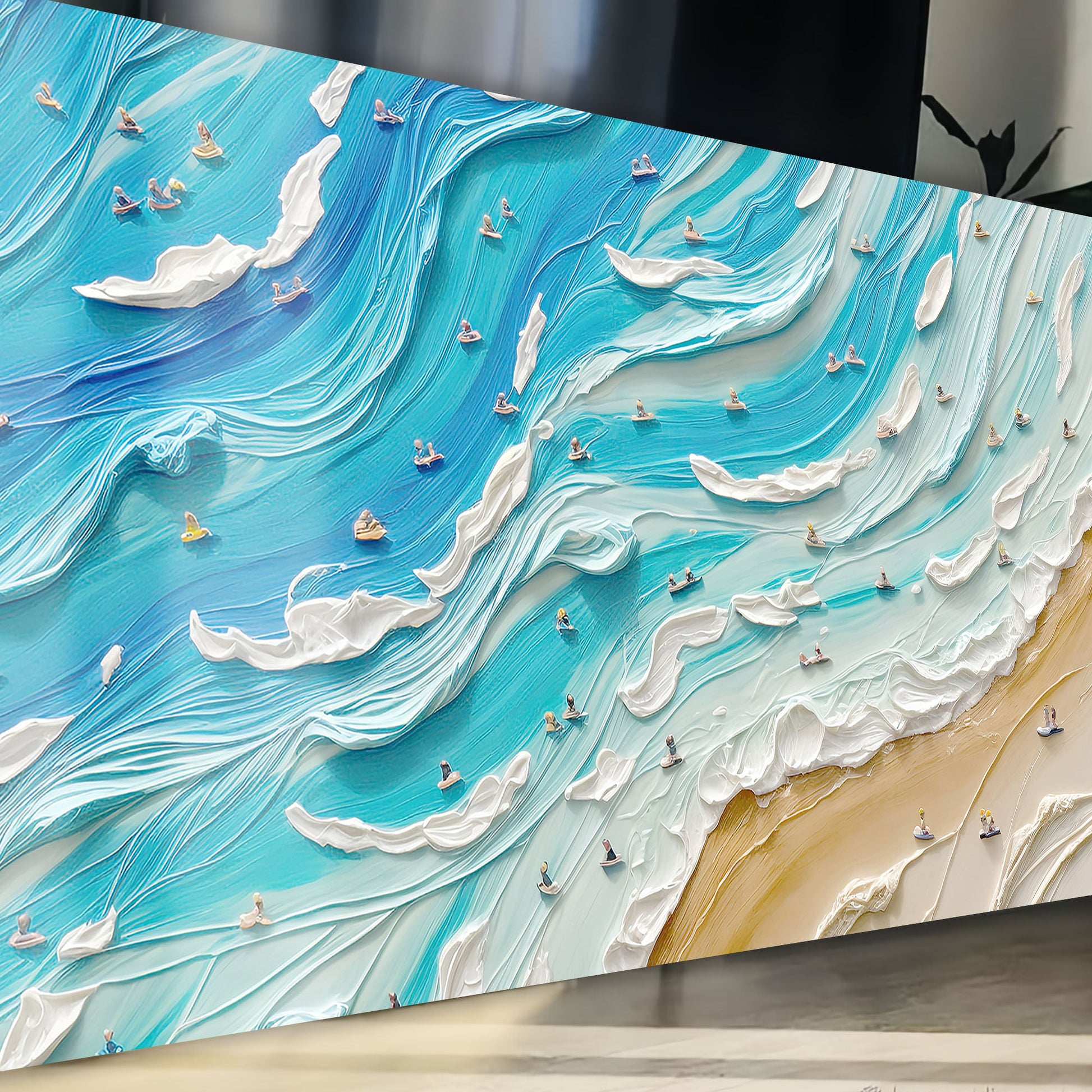 Beach Days Wall Art V canvas by Tailored Canvases, vivid blue ocean swirls with tiny boats on Tampa Home & Garden Store