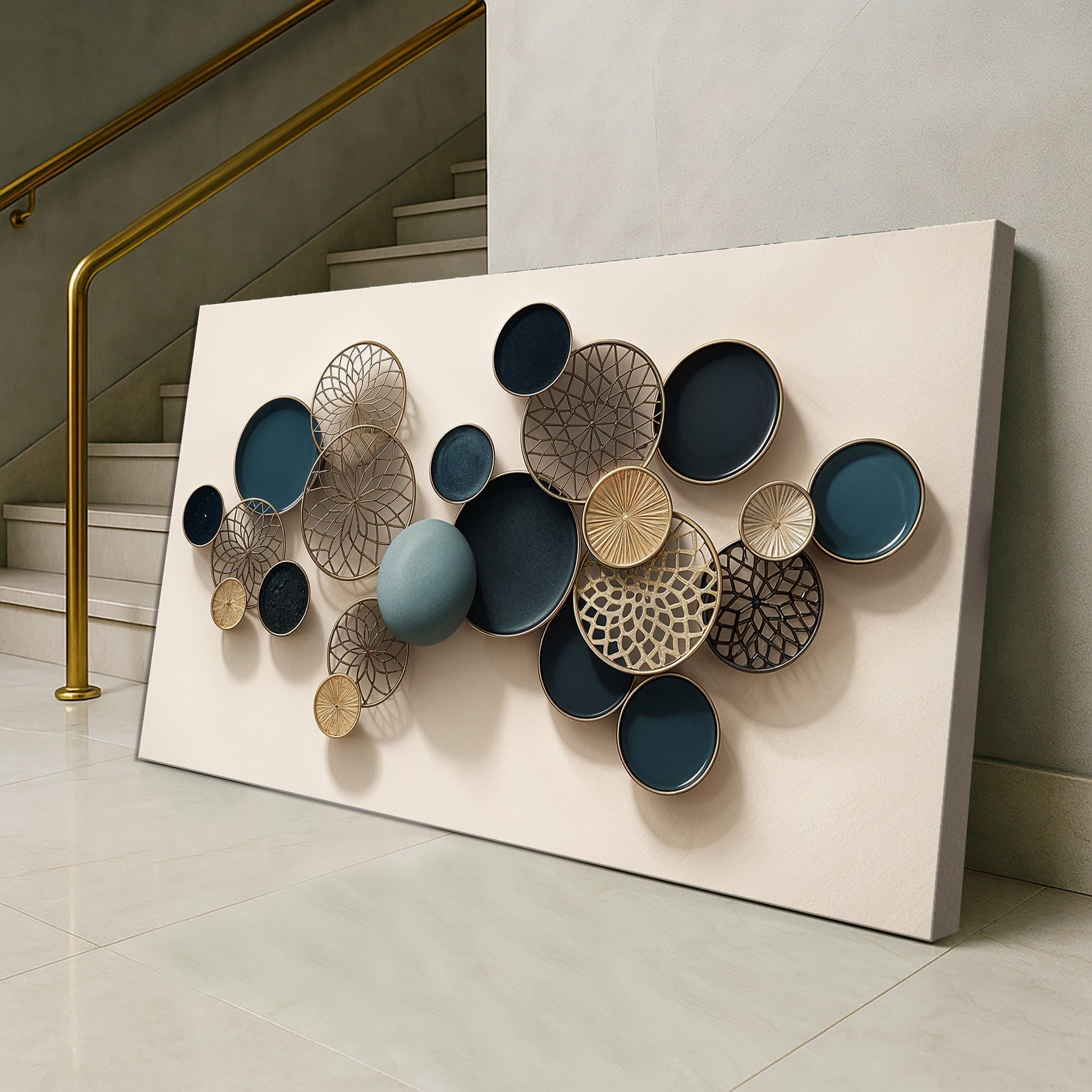 Lotus Leaf Abstract Wall Art Canvas with blue teal circles and gold wire discs on Tampa Home & Garden Store