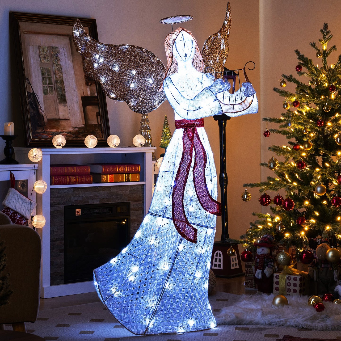 5 ft Christmas Lighted Angel with Harp, glitter wings, cold white LEDs, DirectDeals on Tampa Home & Garden Store