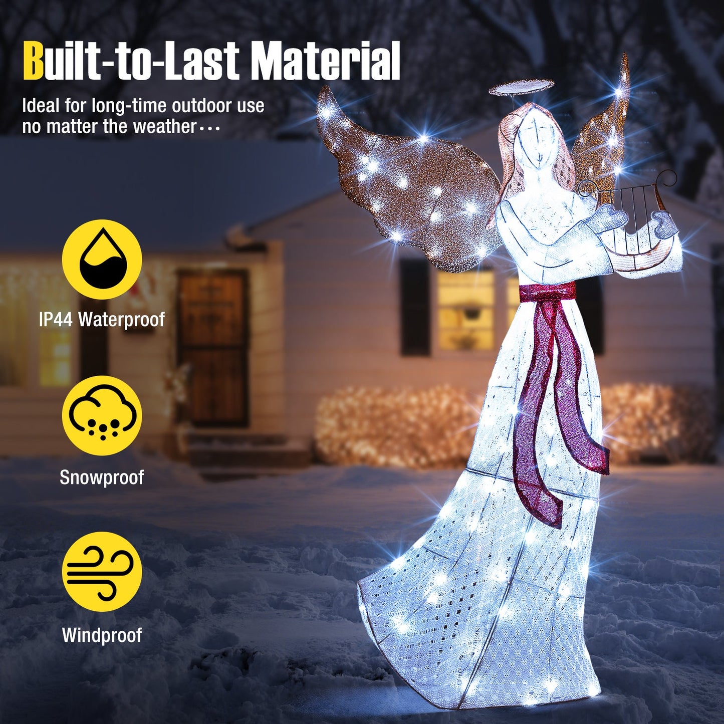 5 ft Christmas Lighted Angel with Harp, white glitter finish, 120 cold white LEDs, DirectDeals Holiday Ornament on Tampa Home & Garden Store
