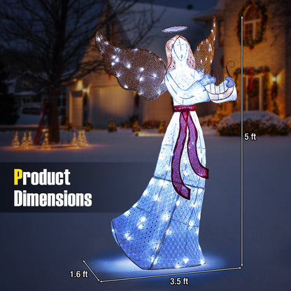 5 ft Christmas Lighted Angel with Harp, white dress, glitter wings, 120 LEDs on Tampa Home & Garden Store