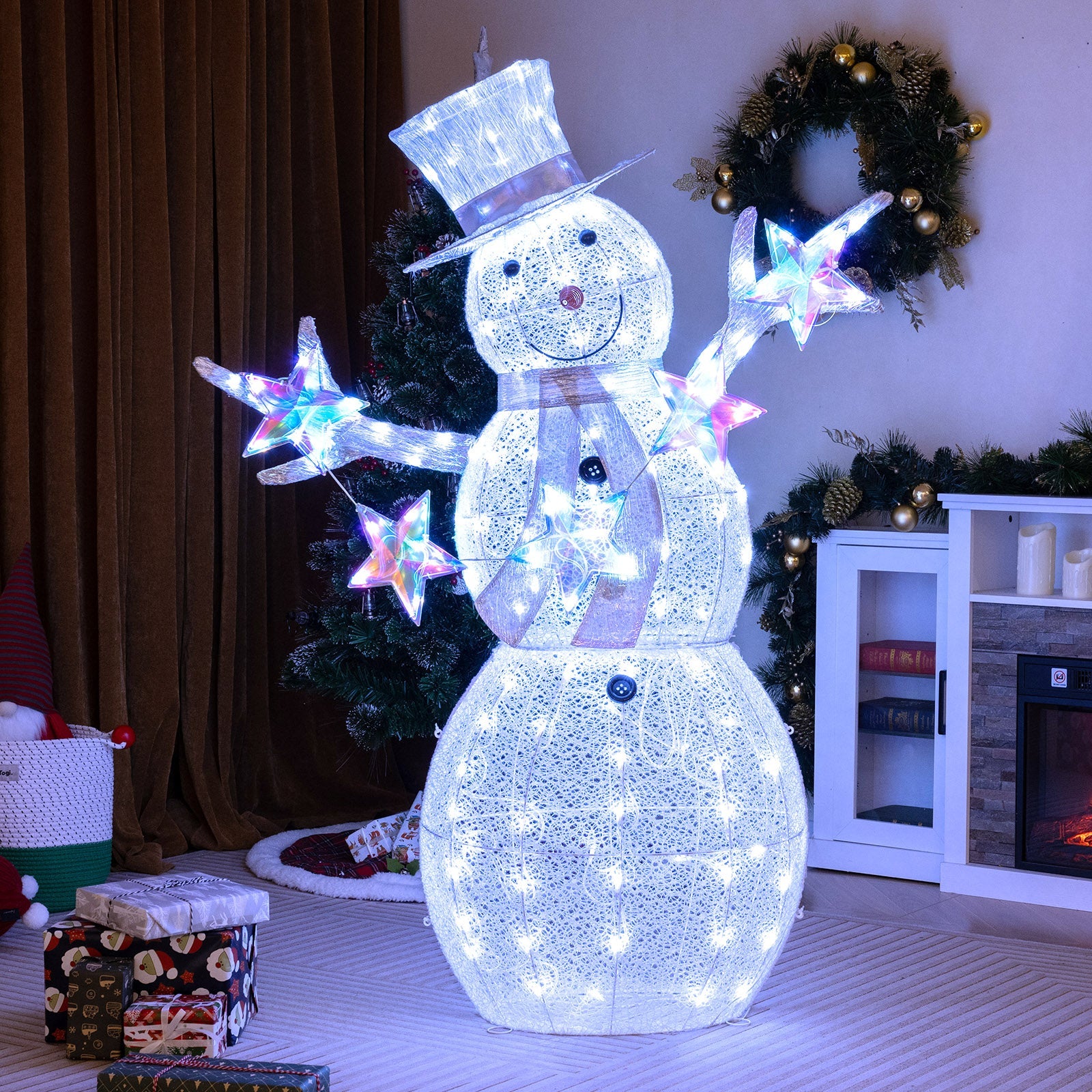 5 ft pre-lit snowman with star LED accents, white woven frame, hat and scarf, festive décor on Tampa Home & Garden Store