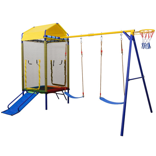 5-in-1 Kids Swing Set for Backyard with Heavy-duty Metal Swing Stand-Yellow - Tampa Home & Garden Store