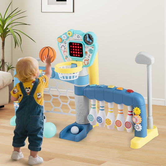 Juguete deportivo 5 en 1 para niños pequeños con canasta de baloncesto ajustable para bebés y niñas de 18 meses en adelante
