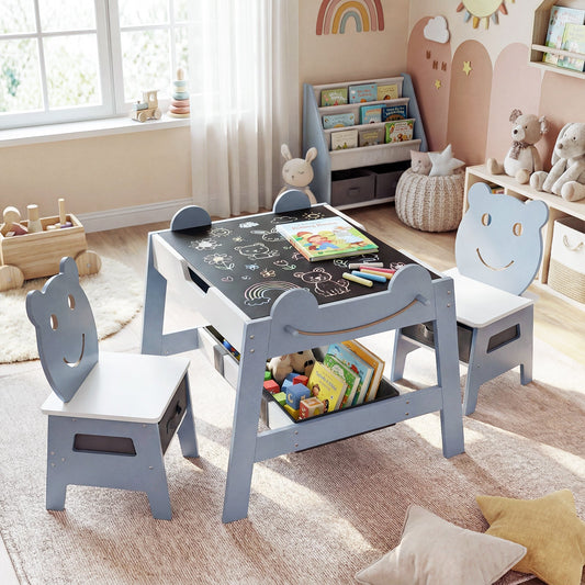 5-in-1 Toddler Table and 2 Chairs Cute Art Desk Set with Reversible Chalkboard Whiteboard - Tampa Home & Garden Store