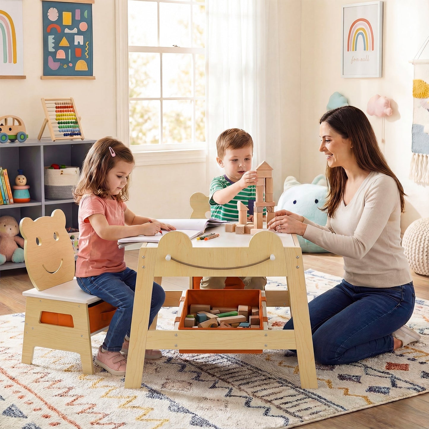 5-in-1 Toddler Table and 2 Chairs Cute Art Desk Set with Reversible Chalkboard Whiteboard