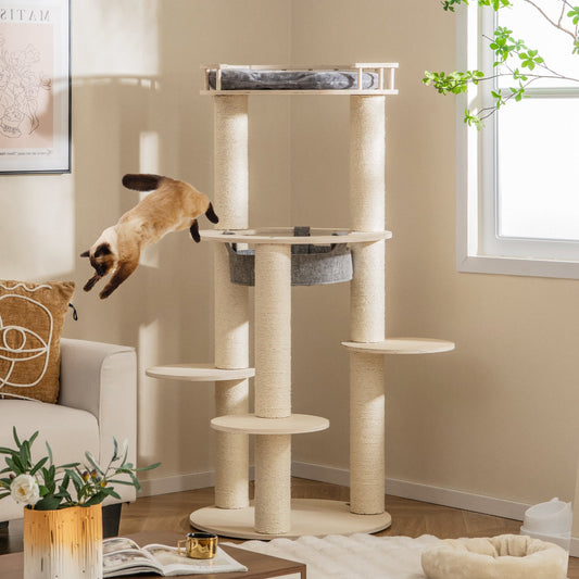 5-level Wooden Cat Tree with Padded Perch Non-woven Hammock-Gray - Tampa Home & Garden Store