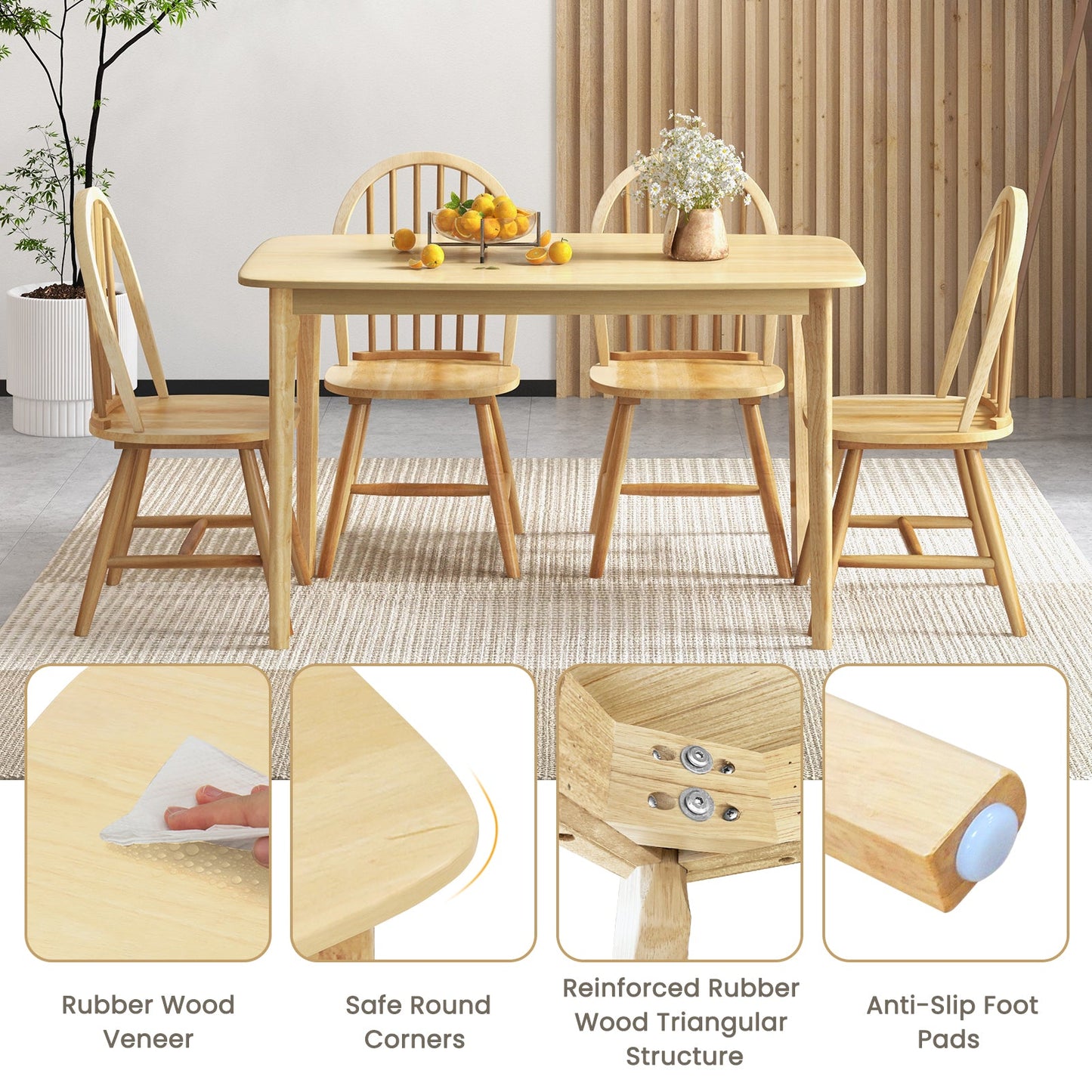Juego de comedor de madera de 5 piezas con 4 sillas Windsor