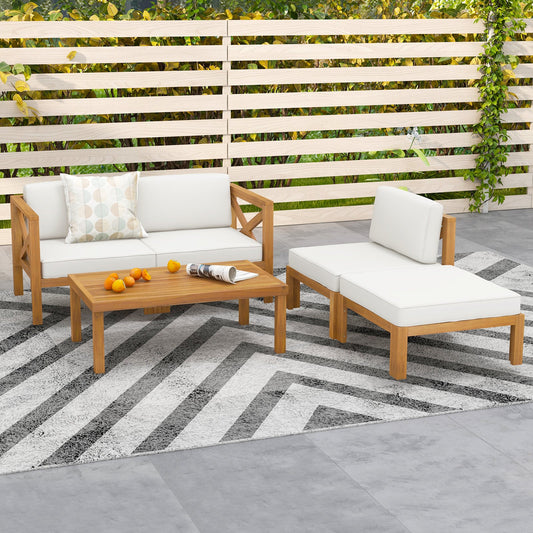 5 Piece Outdoor Conversation Furniture Set with 3 Chairs 1 Ottoman and 1 Coffee Table-White - Tampa Home & Garden Store