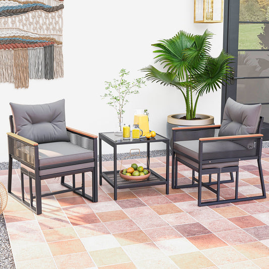 5 Piece Outdoor Rattan Conversation Set with 2-Layer Side Table and 2 Ottomans-Gray - Tampa Home & Garden Store