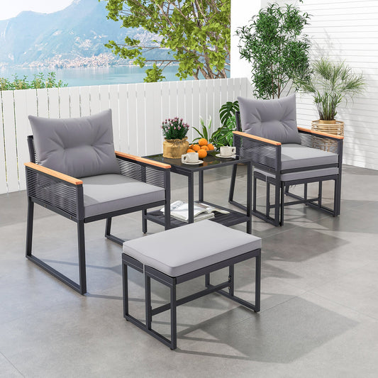 5 Piece Outdoor Rattan Conversation Set with 2-Layer Side Table and 2 Ottomans-Gray - Tampa Home & Garden Store