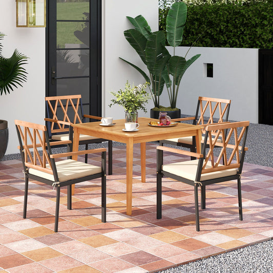 5 Piece Patio Acacia Wood Dining Set Solid Wooden Dining Furniture with Umbrella Hole - Tampa Home & Garden Store