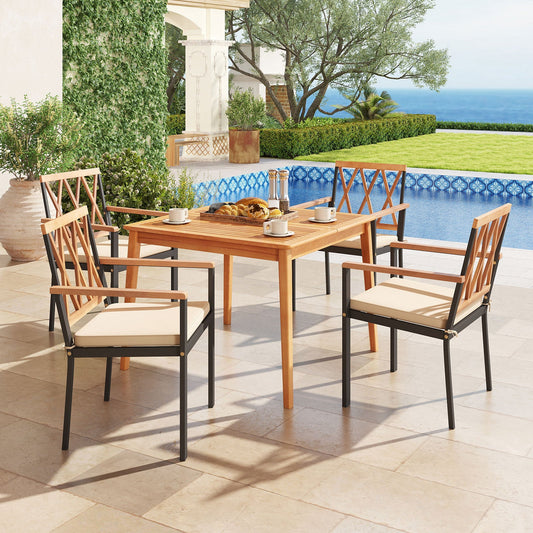 5 Piece Patio Acacia Wood Dining Set Solid Wooden Dining Furniture with Umbrella Hole - Tampa Home & Garden Store