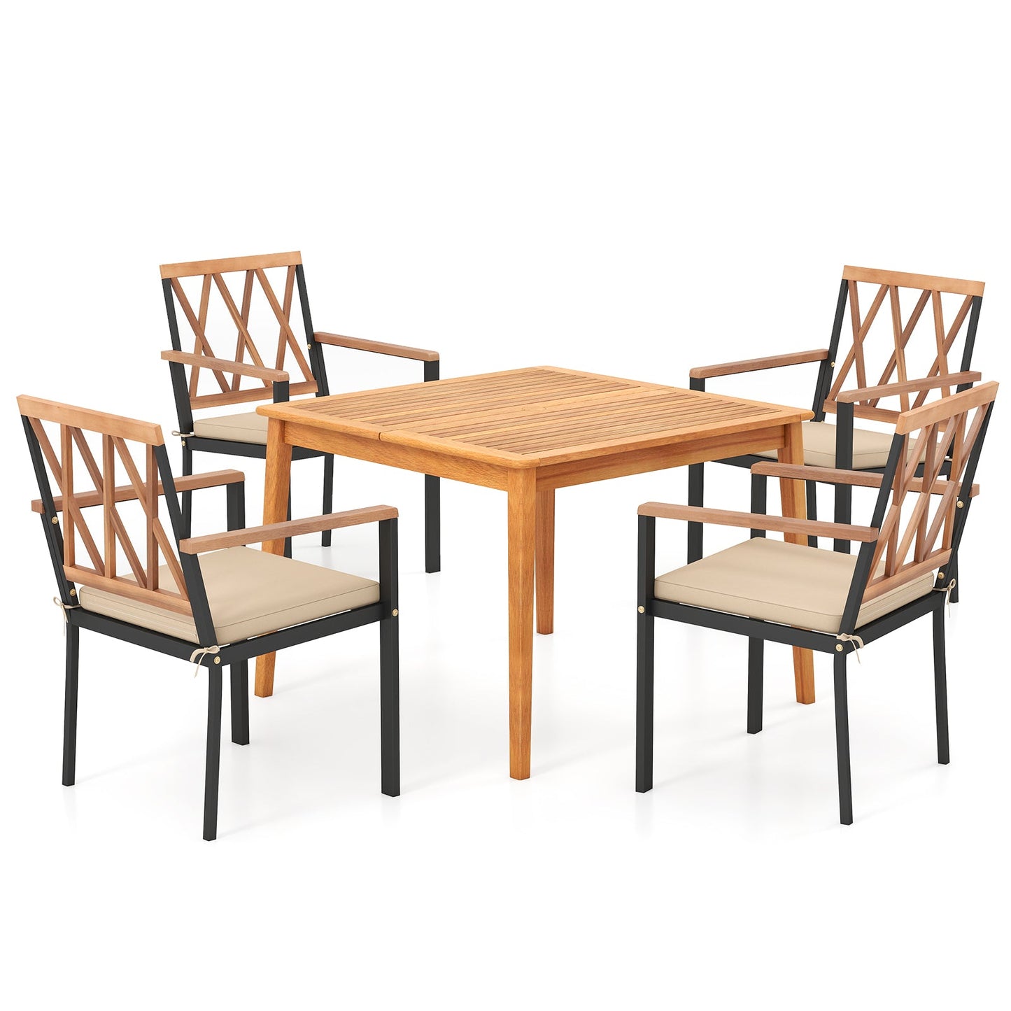 Juego de comedor de patio de 5 piezas de madera de acacia, muebles de comedor de madera maciza con agujero para sombrilla