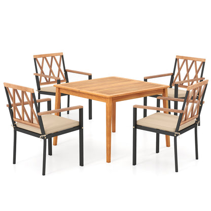 Juego de comedor de patio de 5 piezas de madera de acacia, muebles de comedor de madera maciza con agujero para sombrilla