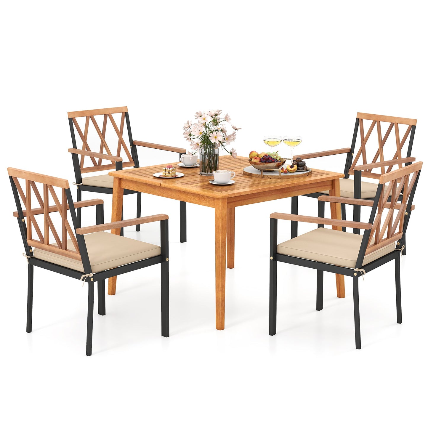 Juego de comedor de patio de 5 piezas de madera de acacia, muebles de comedor de madera maciza con agujero para sombrilla