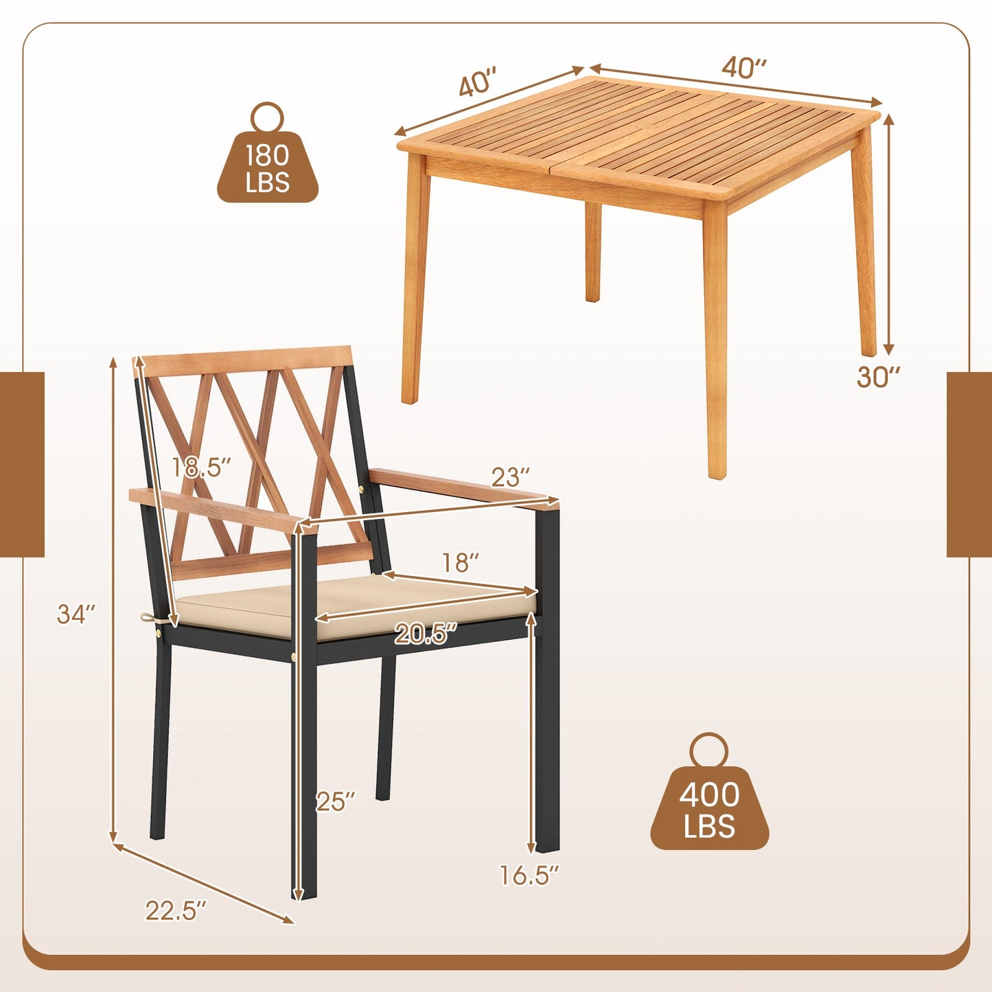 Juego de comedor de patio de 5 piezas de madera de acacia, muebles de comedor de madera maciza con agujero para sombrilla