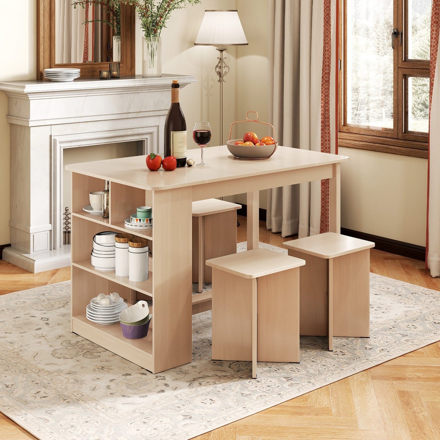 Juego de comedor de 5 piezas con estante de almacenamiento y 4 taburetes - Natural