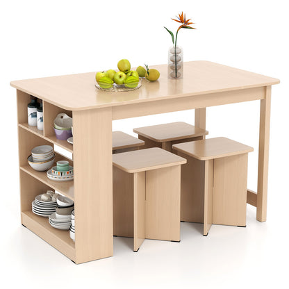 Juego de comedor de 5 piezas con estante de almacenamiento y 4 taburetes - Natural