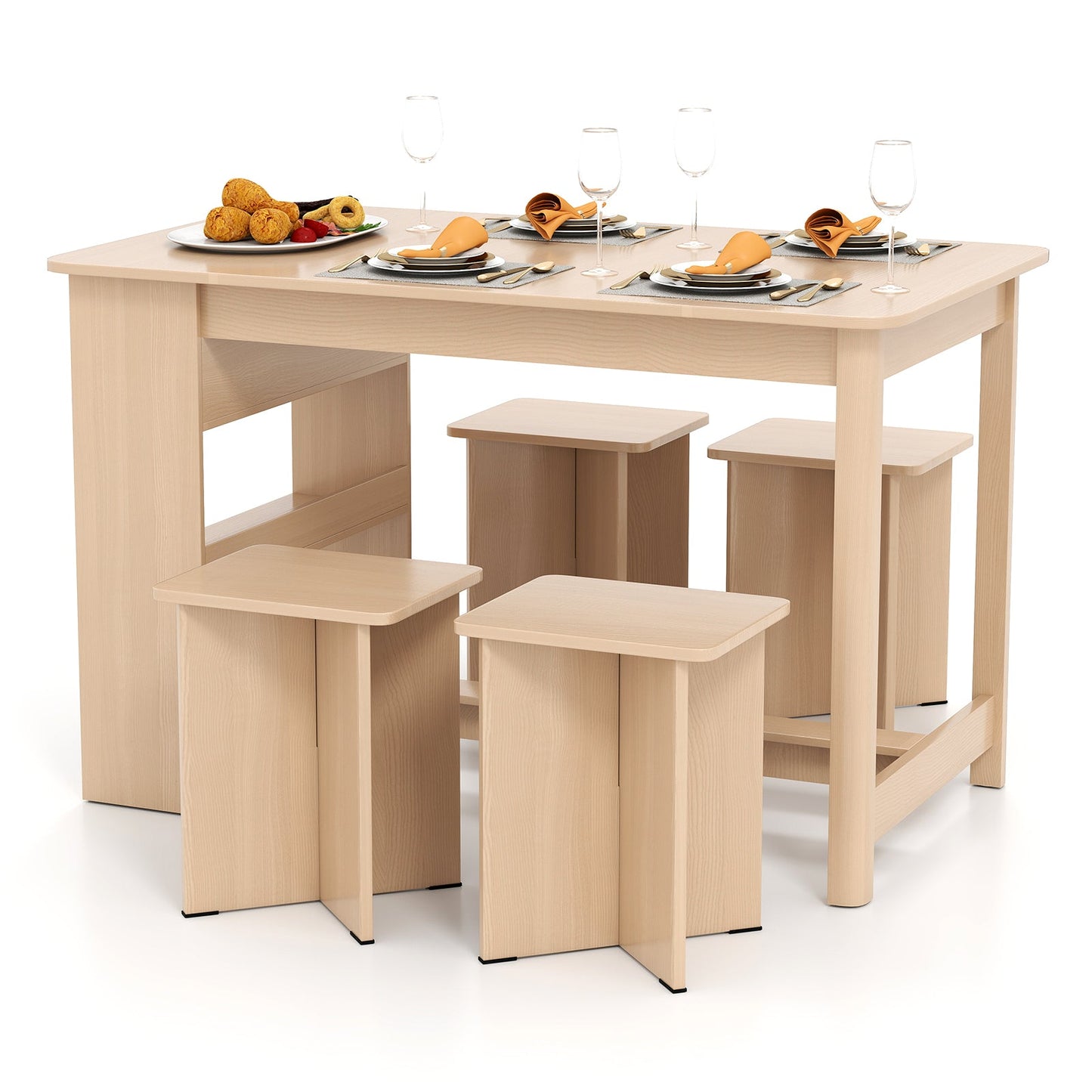Juego de comedor de 5 piezas con estante de almacenamiento y 4 taburetes - Natural