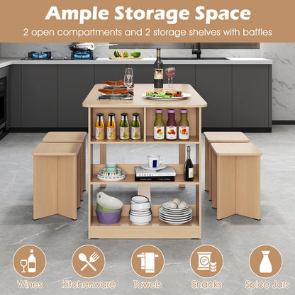 Juego de comedor de 5 piezas con estante de almacenamiento y 4 taburetes - Natural