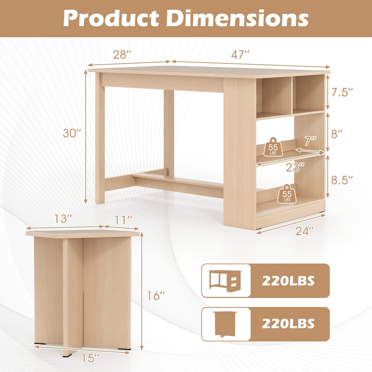 Juego de comedor de 5 piezas con estante de almacenamiento y 4 taburetes - Natural