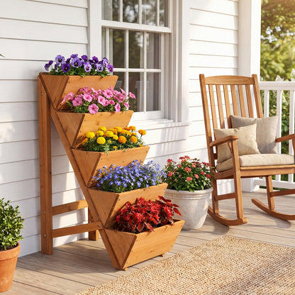 5-tier vertical wooden planter with legs in natural wood finish, flowers DirectDeals on Tampa Home & Garden Store