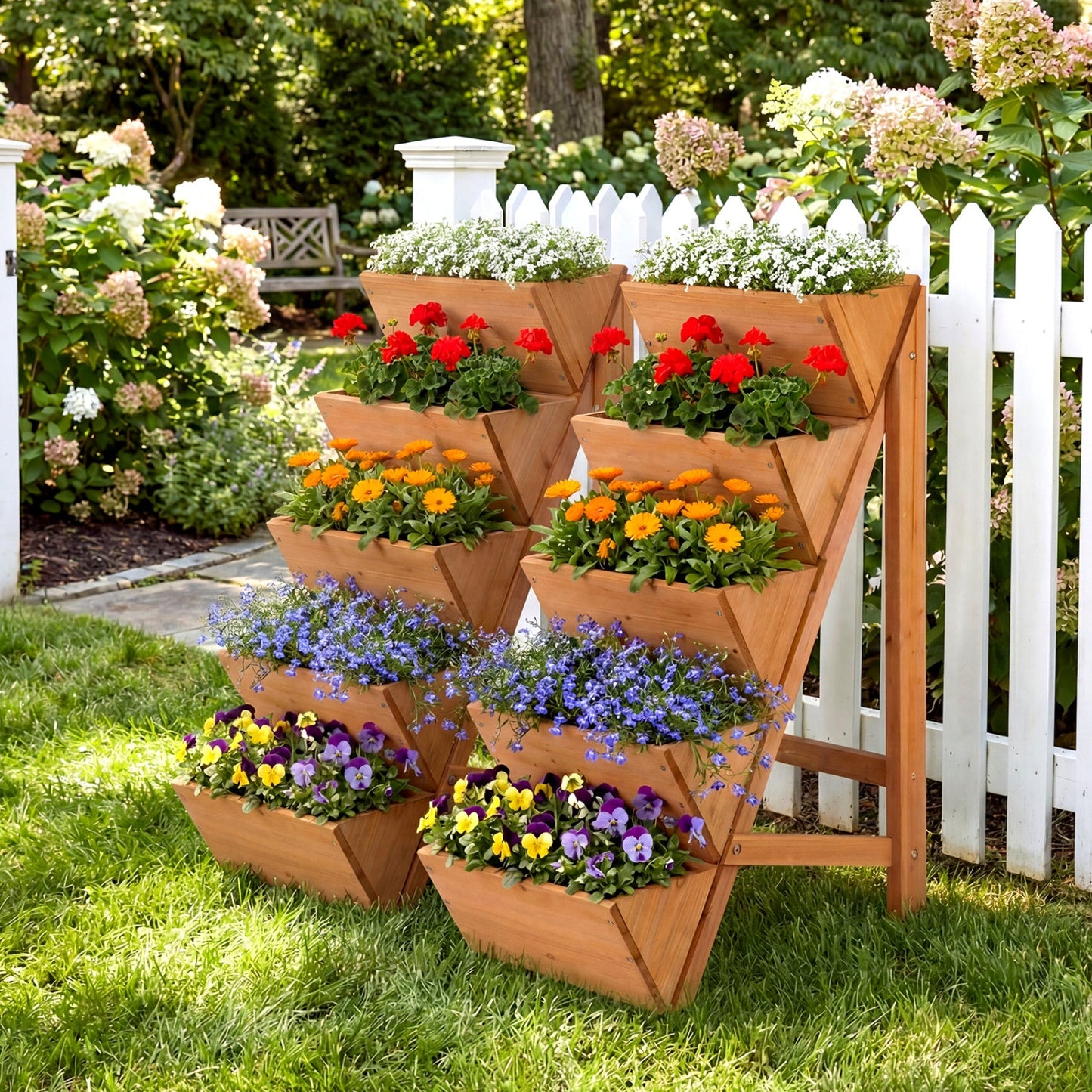5-tier vertical wooden raised garden bed with legs by DirectDeals, filled with blooms on Tampa Home & Garden Store