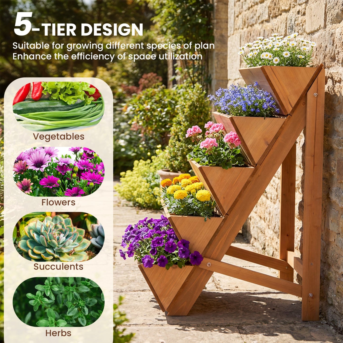 5-tier wooden vertical raised garden bed with legs outdoor planter filled with flowers on Tampa Home & Garden Store