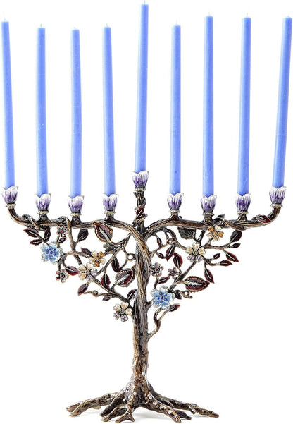 Elegant Hanukkah Menorah with Hand-Painted Flower Vine Design & Crystal Embellishments