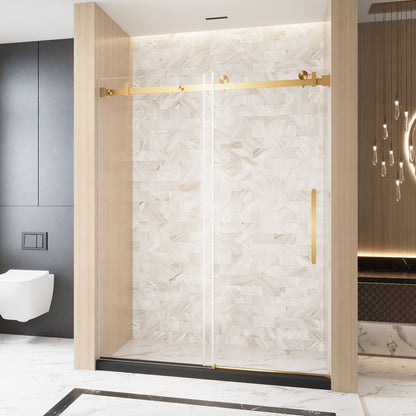 Frameless single sliding shower door with gold square-tube track and handle on marble tile on Tampa Home & Garden Store