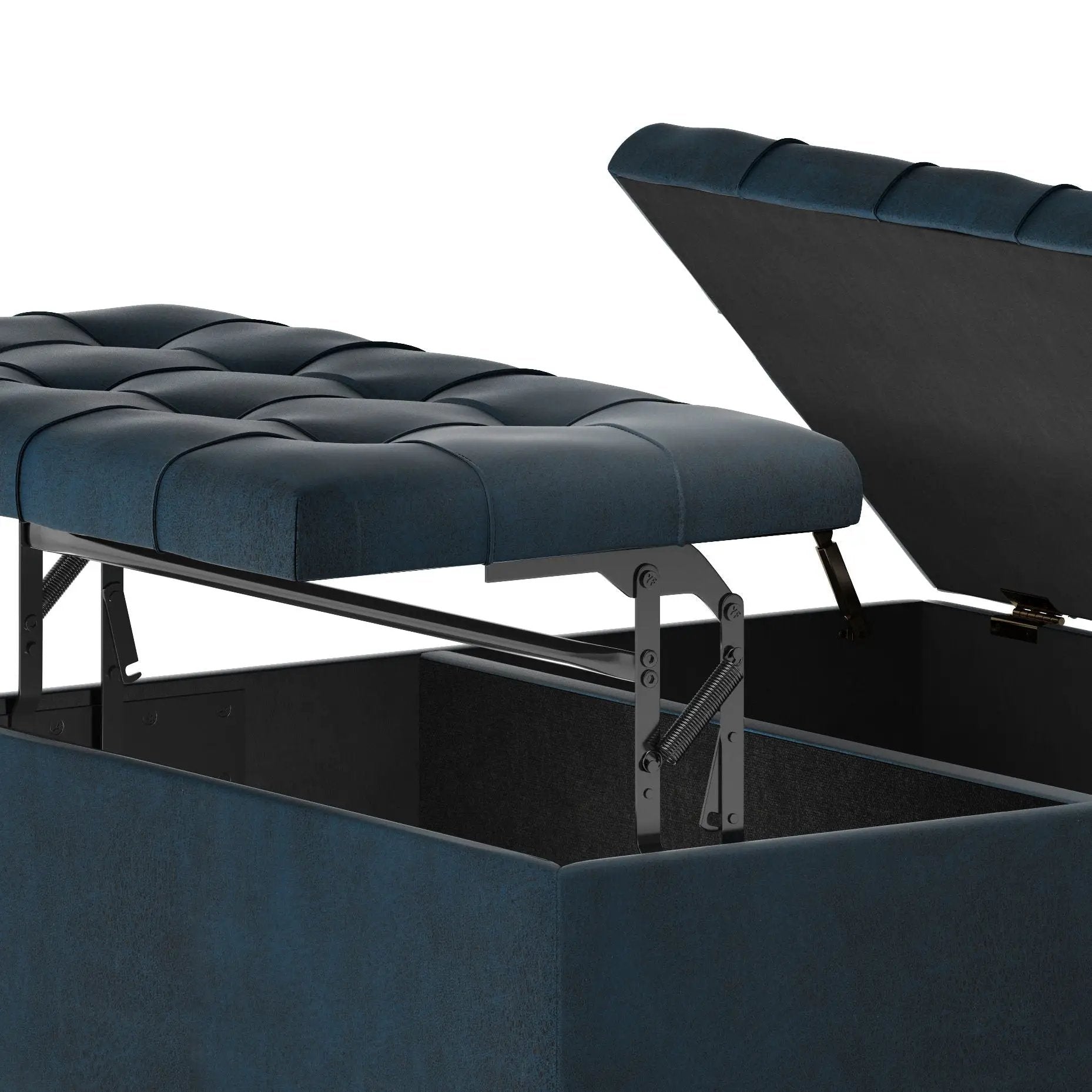 Harrison Large Coffee Table Storage Ottoman, blue velvet tufted top with gas-lift storage on Tampa Home & Garden Store