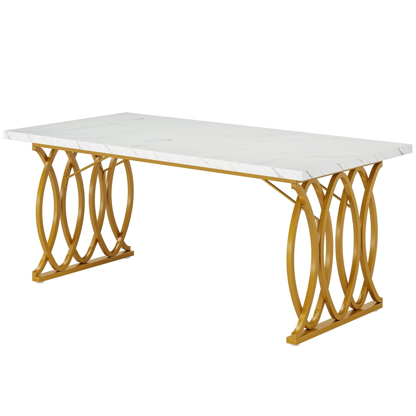 Large rectangular dining table with white marble top and gold geometric leg base on Tampa Home & Garden Store