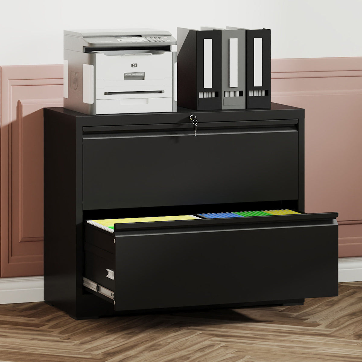 Black lateral filing cabinet with locking drawers, HouseOfZazla, three binders on top on Tampa Home & Garden Store